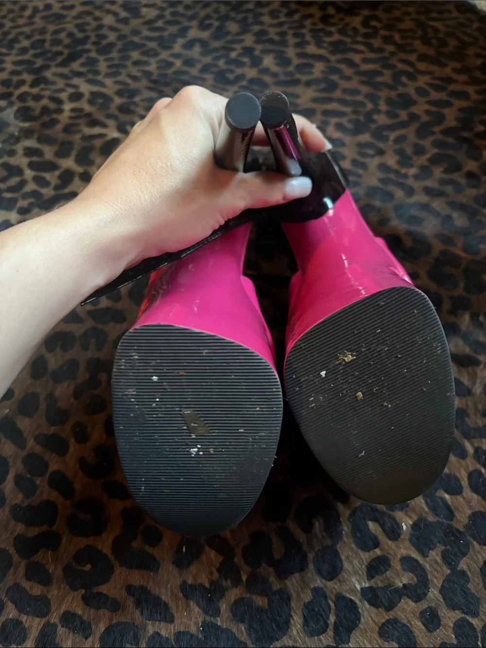 Pleaser Platform Peep-Toe Heels in Hot Pink with Black Ankle Strap 8 Inch
